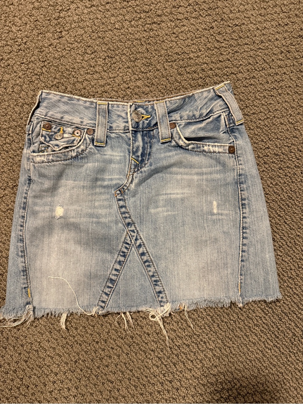 True Religion Light Blue Denim Mini Skirt with Frayed Hem